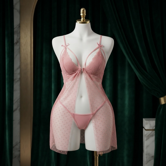 Front Open Polka Dot Lace Babydoll Nighty With G-String - Free Size