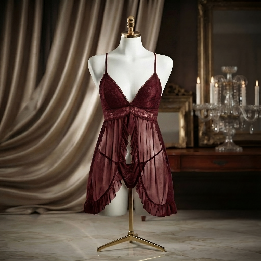 Front Open Ruffle Babydoll Nighty With G-String - Free Size - Dusty Pink / Black / Burgundy