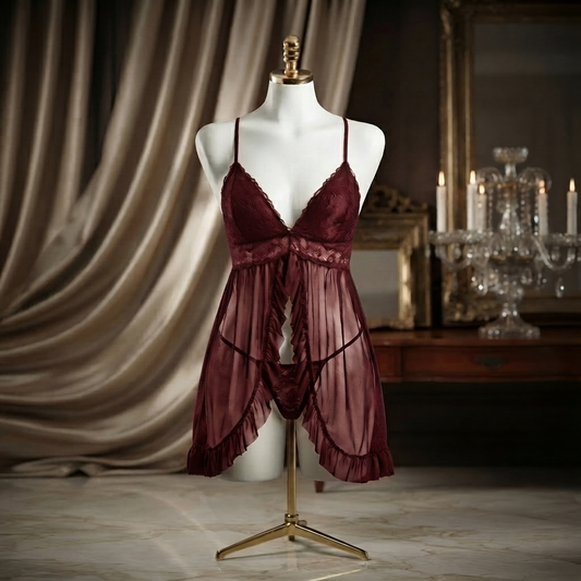 Front Open Ruffle Babydoll Nighty With G-String - Free Size - Dusty Pink / Black / Burgundy