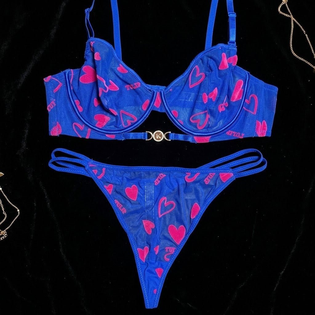 Signature Heart - Embroidered Sheer Tulle Lingerie Set - Arosha