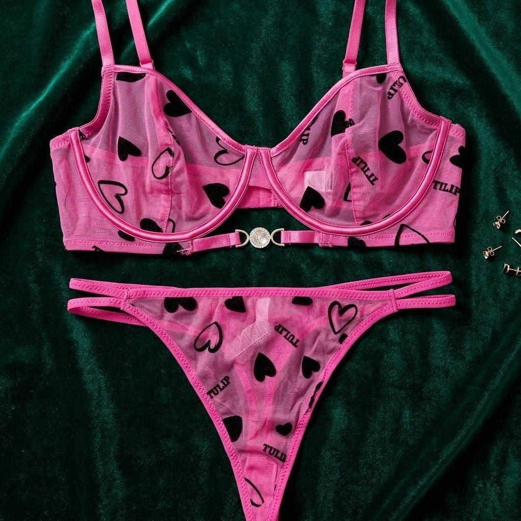 Signature Heart - Embroidered Sheer Tulle Lingerie Set - Arosha