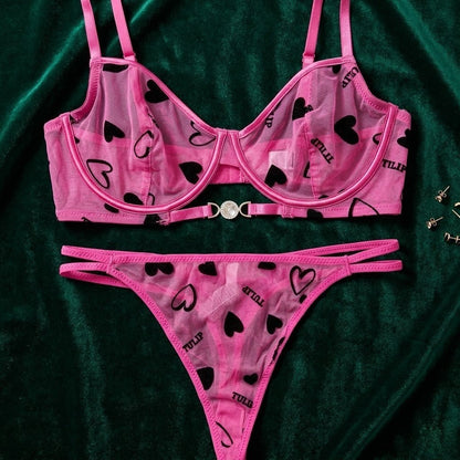 Signature Heart - Embroidered Sheer Tulle Lingerie Set - Arosha