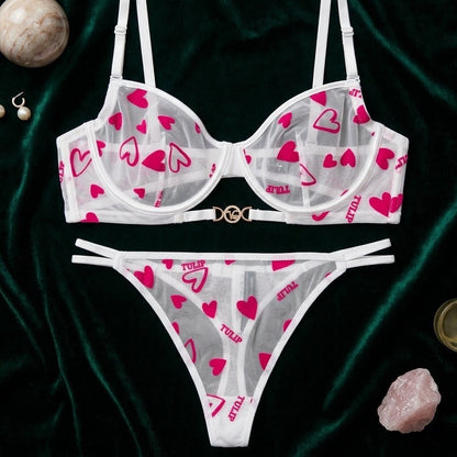 Signature Heart - Embroidered Sheer Tulle Lingerie Set - Arosha
