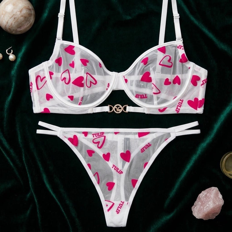 Signature Heart - Embroidered Sheer Tulle Lingerie Set - Arosha