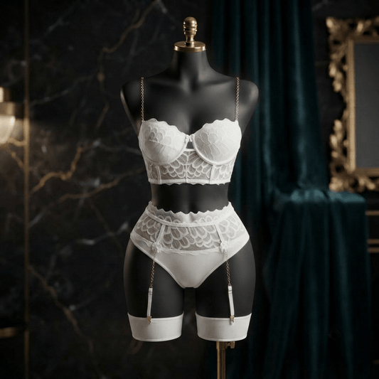 White Lace Chain Bra Set - Bridal Look - Arosha